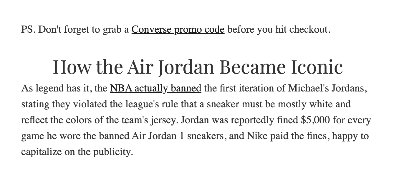 Internal Link to Converse Promo Codes Page From Article About AirJordans